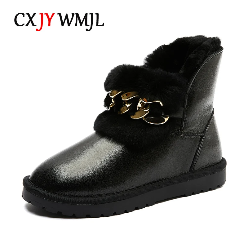 

CXJYWMJL Genuine Leather Women Snow Boots Chain Plush Ankle Boots Ladies Casual Winter Bootie Fashion Flat Warm Shoes Female