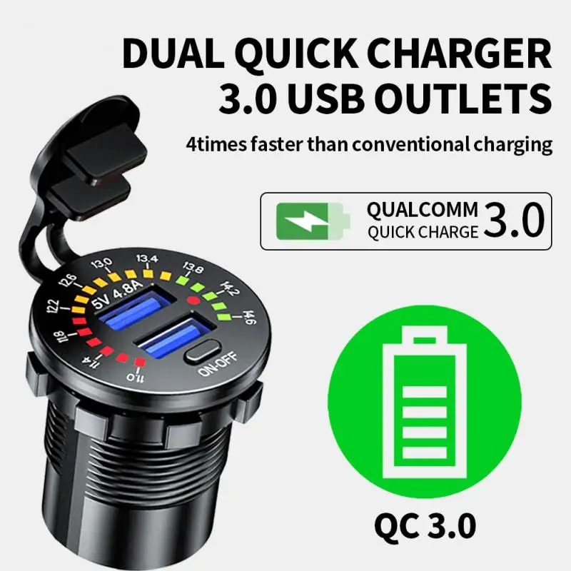 

USB Автомобильное зарядное устройство, гнездо прикуривателя 36 Вт QC3.0 PD адаптер питания для быстрой зарядки для мотоцикла, лодки, грузовика с кнопкой ВКЛ/ВЫКЛ