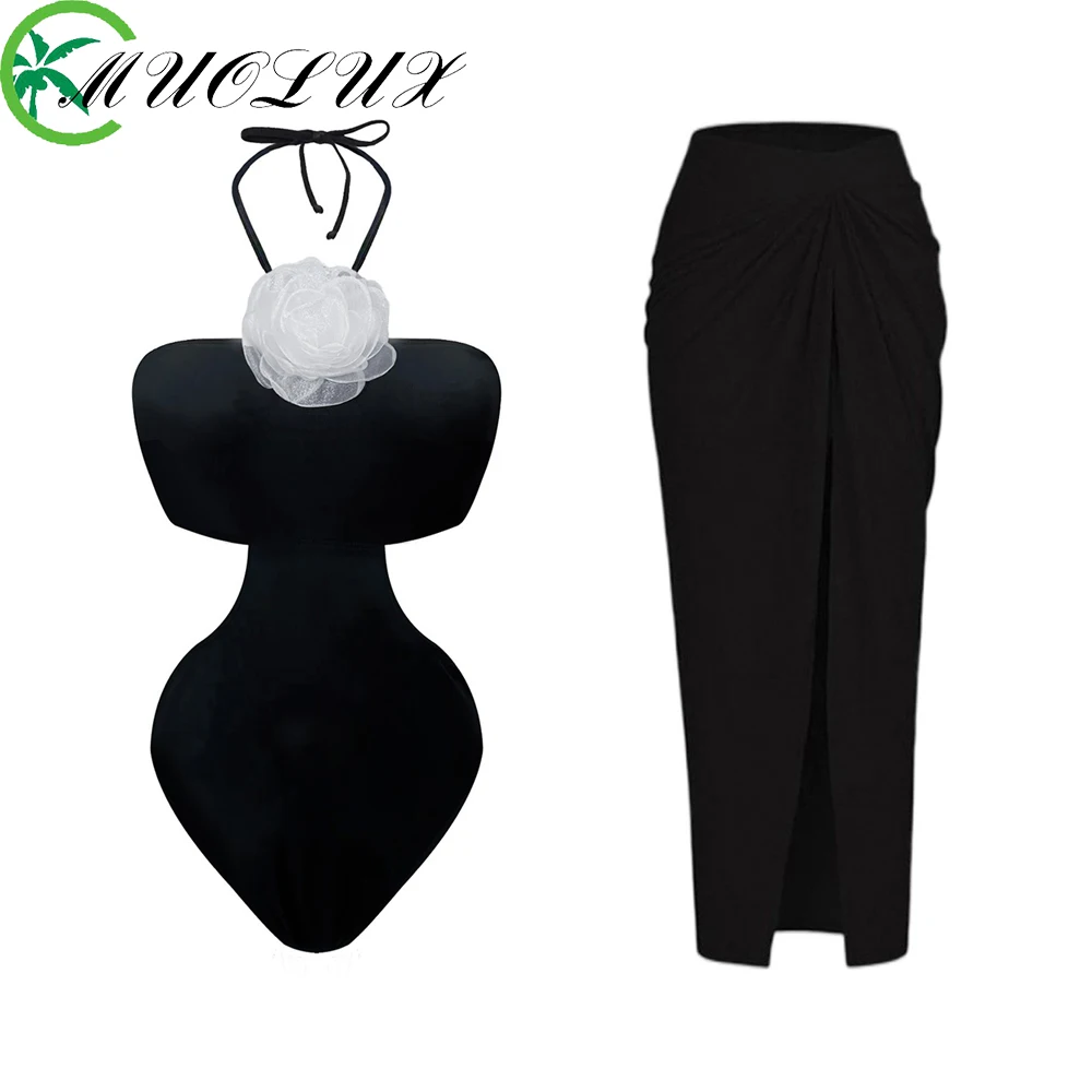 

MUOLUX 2023 Female Vintage One Piece Swimwear 3D Flower Bikini Set Women Swimsuit Holiday Beach Solid Dress Bathing Suit Summer