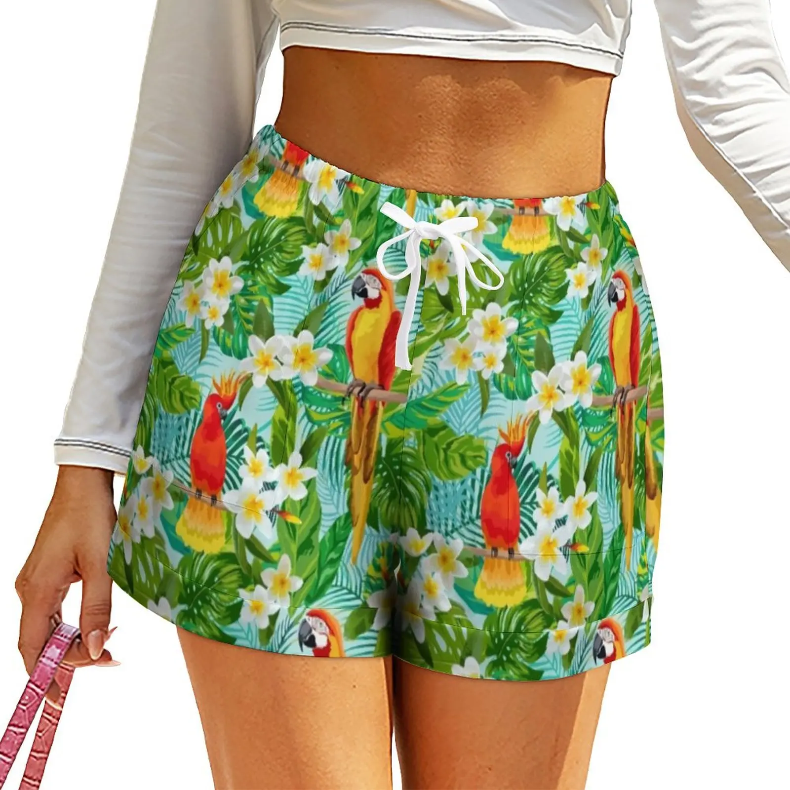

Tropical Floral Print Shorts Parrot And Leaf Oversize Streetwear Shorts High Waist Kawaii Short Pants Female Pockets Bottoms