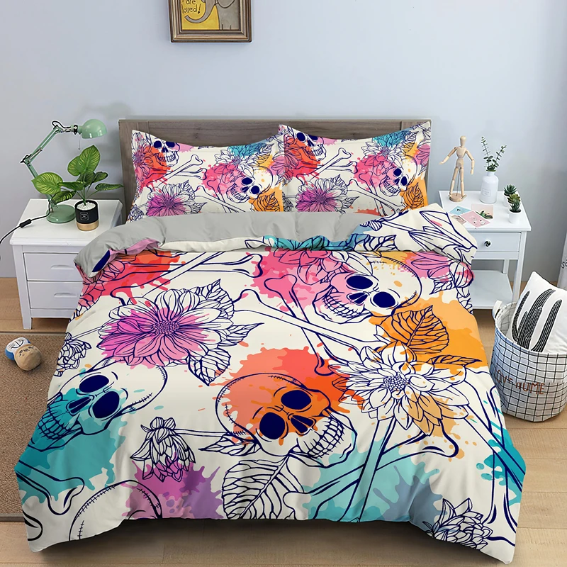 

Bedding Set Halloween Skeleton Flower Quilt Cover Purple Sugar Skull Girl King Queen Duvet Cover Gothic Day of Dead Illustration