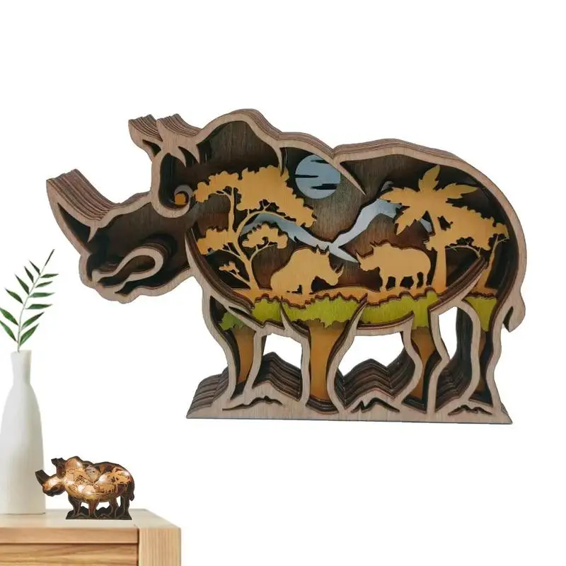 

Carved Wood Wall Art Animal Wooden Hanging Animal Decorations Wood Hollowed Carved Animals Figurine With LED Light For Home