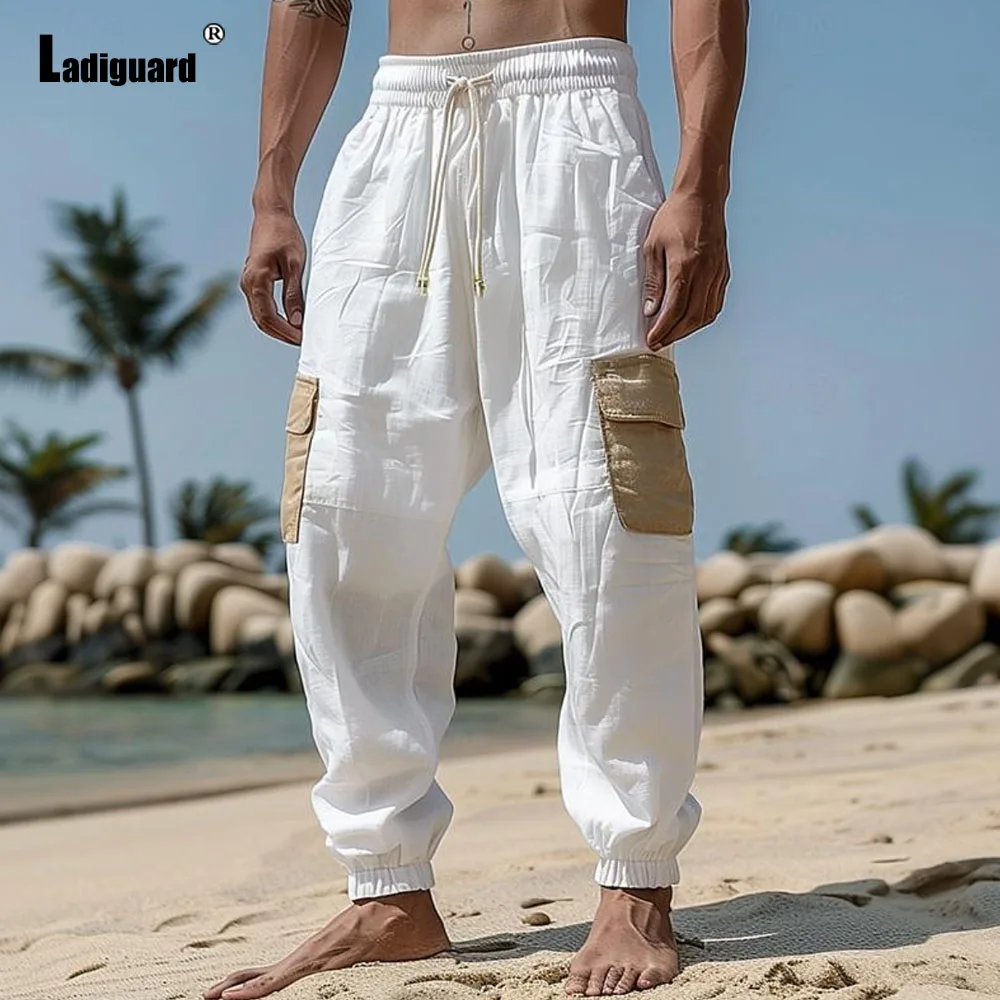 Мужские брюки до щиколотки из хлопка и льна с карманами