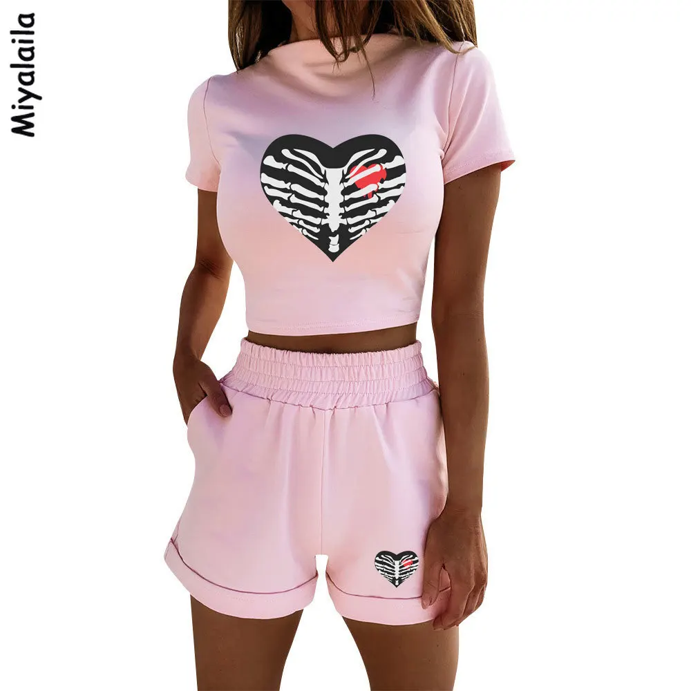 

Miyalaila Heart Printed 2 Piece Set Women Summer Tracksuits Short Sleeve Tshirts Shorts Skinny Sportwear Harajuku Streetwear