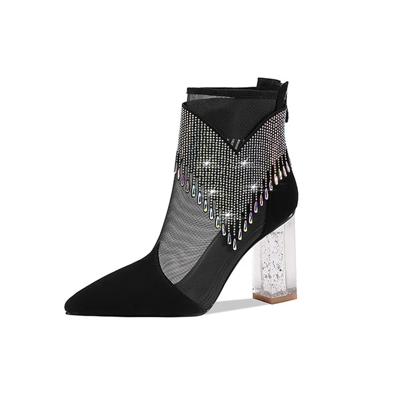 

Fashion Hollow Mesh Short Boots Women Sandals 2022 New High Quality Rhinestone Tassel High Heel Sandals Crystal Heel Women Shoes