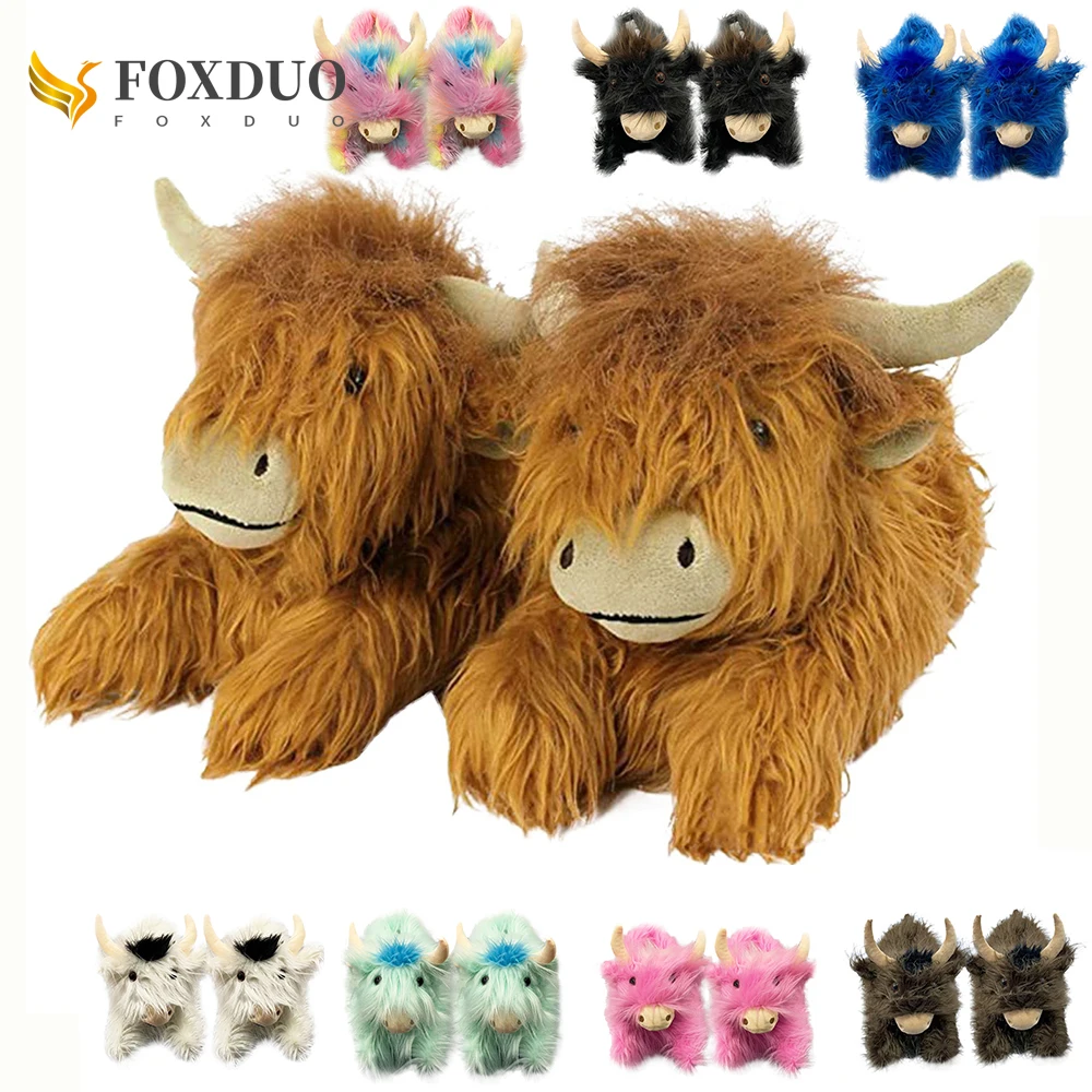 Winter Highland Cow Slippers Fluffy Highland Cattle Plush Slipper Soft Warm Home Indoor Cute Cartoon Furry Slides for Women Men images - 6