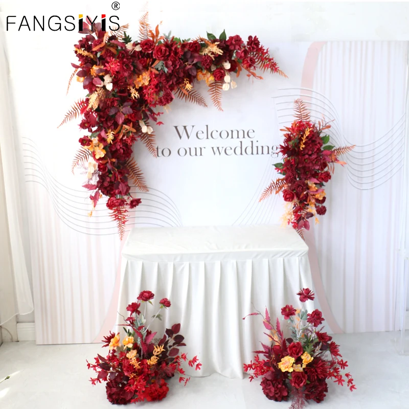 

Red Rose Wedding Floral Ball Wall Hanging Triangle Flower Arch Fake Flower Row Party Scene Wedding Celebration Backdrop Layout