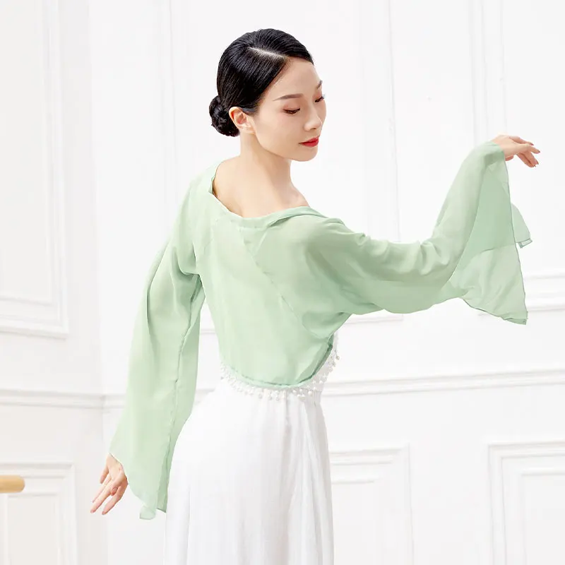 New Woman Ballet Tops Adults Cardigan With Pearls Hem Mesh Trumpet Sleeves Dance Coat Tops
