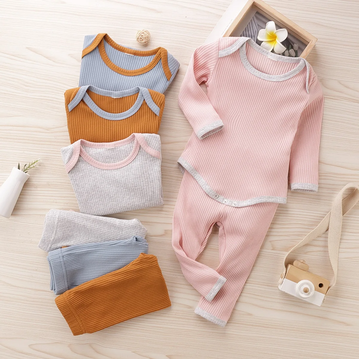 

Angoubebe B20S100 Infant Baby Solid Color Contrast Romper Combo Pants In sets Wholesale