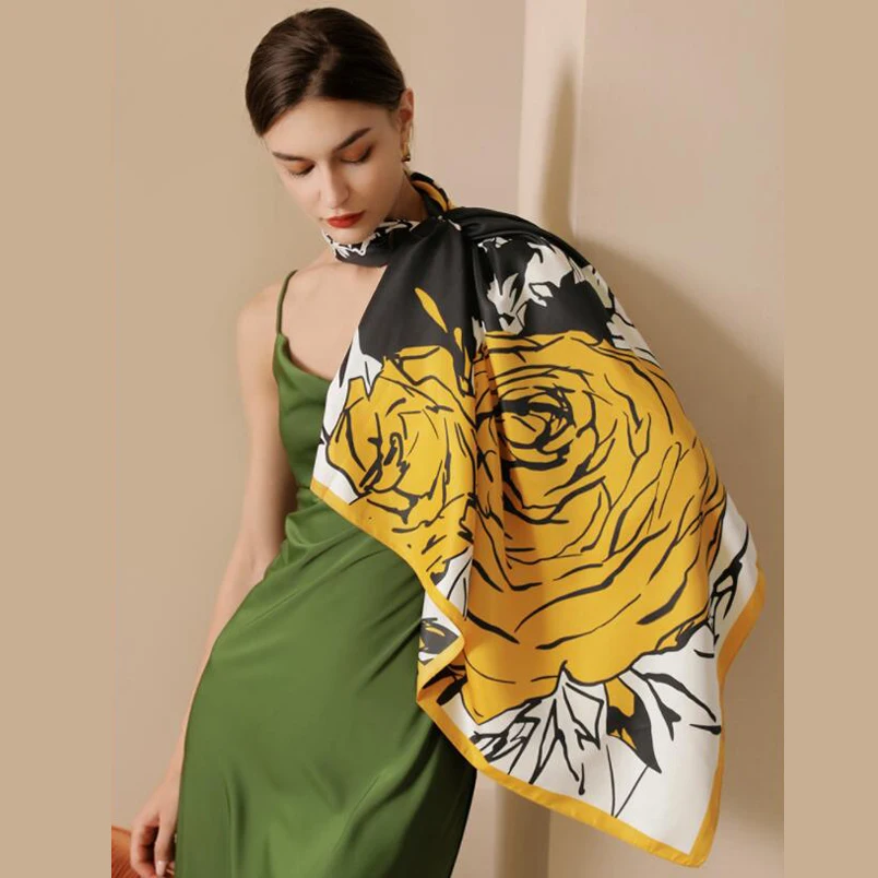 

Luxury Brand Women Square Silk Scarf Vintage Flower Shirt Decoration Neck Scarf Summer Sunscreen Shawl Jersey Hijab Head Wrap