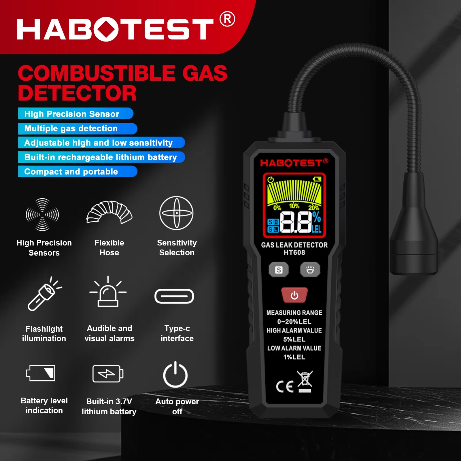 Фото HABOTEST HT608 Детектор утечки природного газа Звуковая и экранная сигнализация Детектор утечки горючего метана Обнаружение местоположения №2