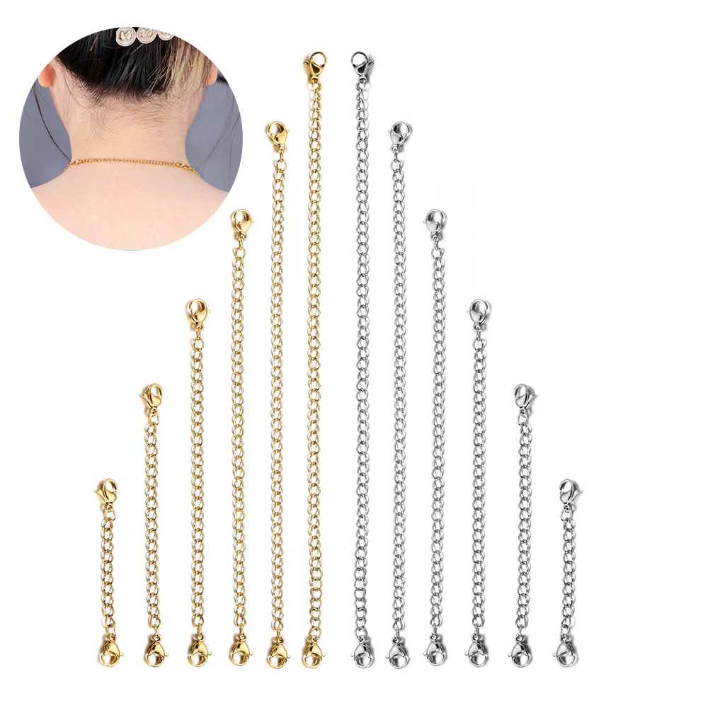 

Wholesale 10pcs/lot 2.5/5/7.5/10/12.5/15cm Stainless Steel Necklace Bracelet Gold Extender Chain Set for DIY Jewelry Making