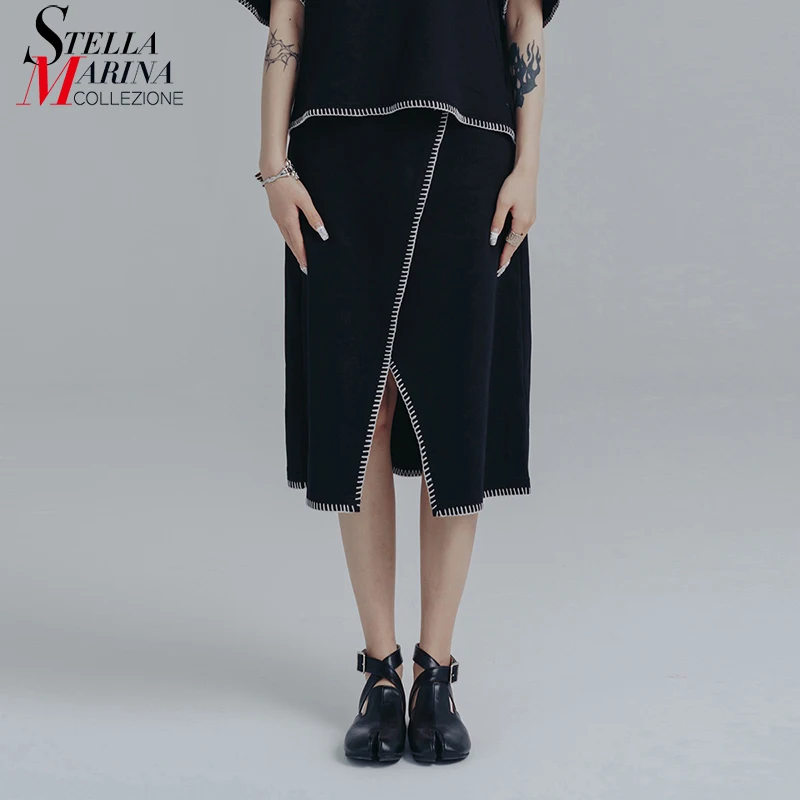 

New Korean Style Woman Summer Stylish Midi Skirt Fork Hem White Edges Elastic Waist Girls Holiday Street Wear Unique Skirt apw55