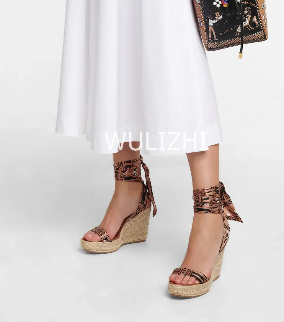 Women Casual Lace-Up High Wedge Espadarille Black White Brown Riband Wrap Sandals Open Slingback Shallow Summer Sea Beach Shoes