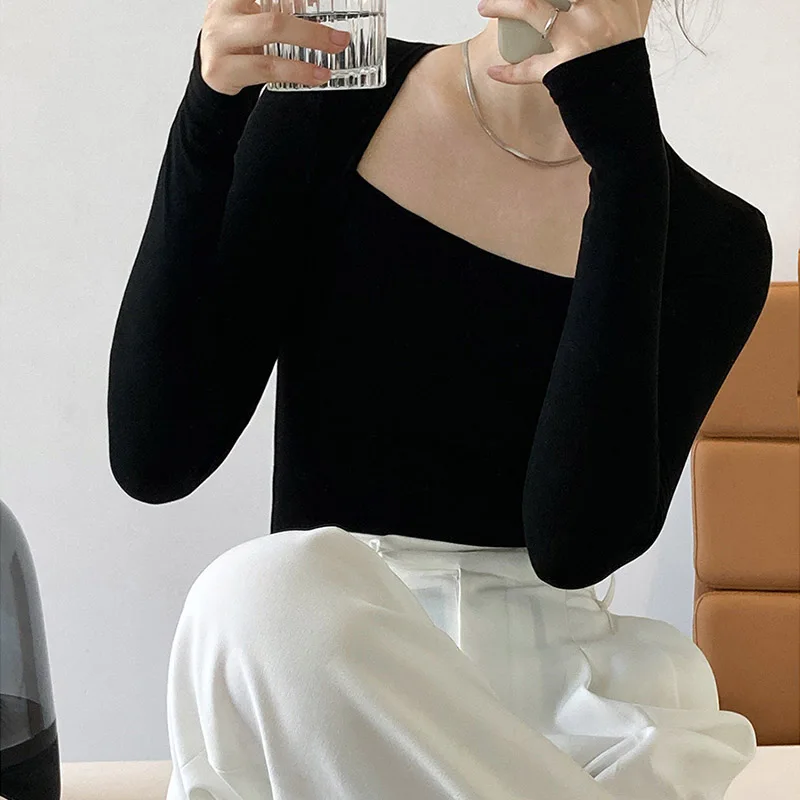 2024 французская нежная футболка с длинным рукавом и квадратным вырезом Женский