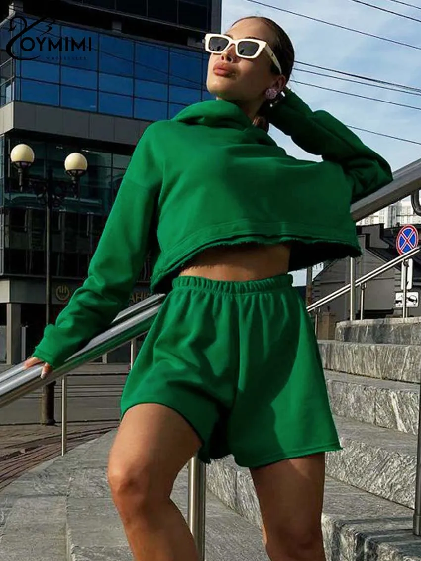 

Oymimi Elegant Green Sets For Women 2 Pieces Fashion Hooded Collar Long Sleeve Solid Shirts And High Waist Simple Shorts Sets