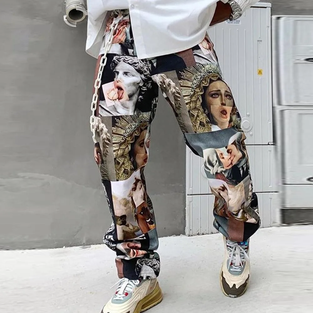 

2022 Teenagers European and American Hot Portrait Print Straight Loose Mid Waist Casual Trousers