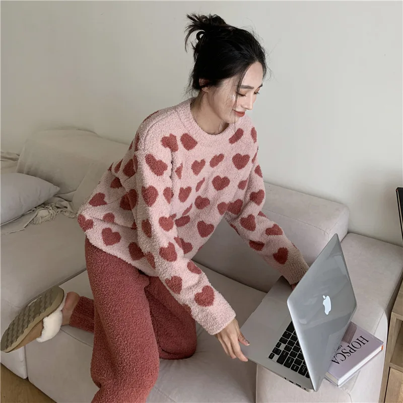 Autumn Winter New Warm coral fleece Women Pajamas Set Long-sleeved Trousers Two-piece Set Cute Soft Home Wear Clothes for Women