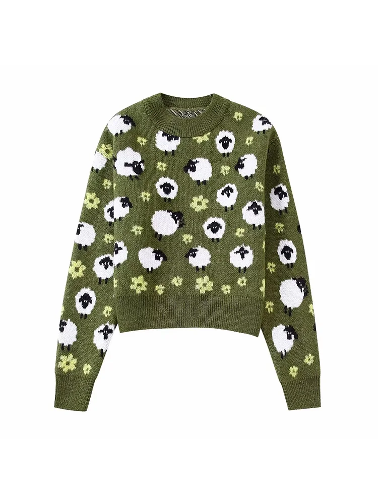 

Женский жаккардовый вязаный свитер BM & MD & ZA, винтажный пуловер с круглым вырезом и животным принтом, модель 5802138, 2022