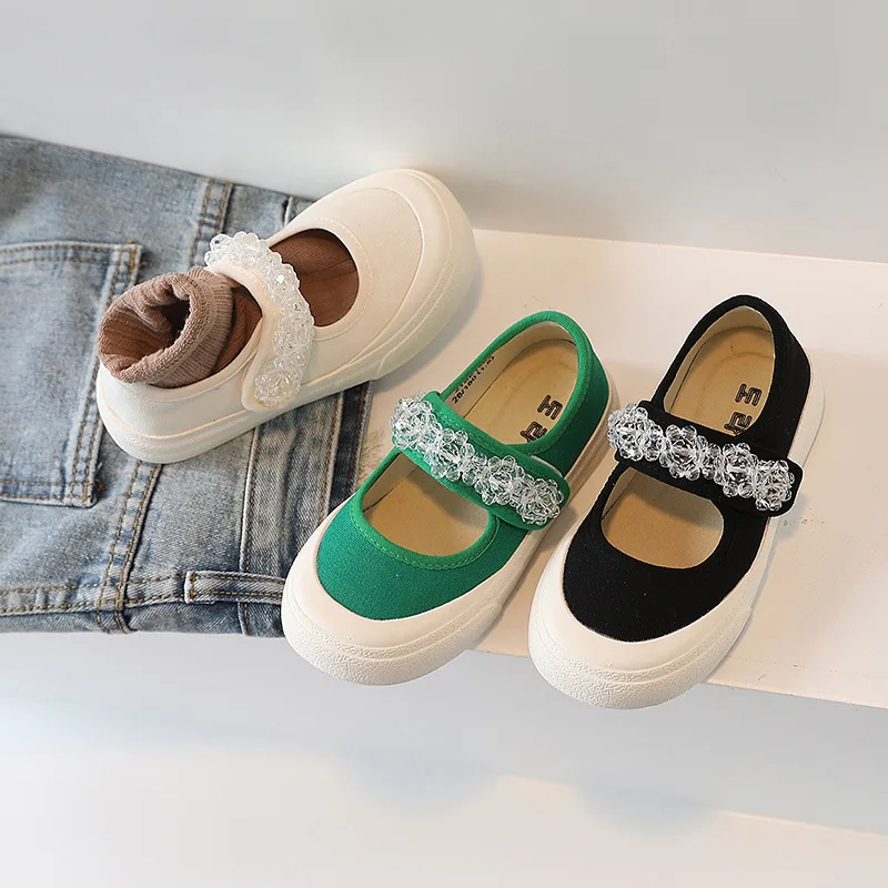

New Spring Summer Children Shoes Girls Soft Bottom Rhinestones Non-Slip Canvas Shoes Student Sneakers Kids Sport Flats 04
