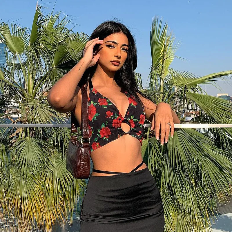 

Rose Flowers Printing Backless Camis Crop Tops Off Shoulder Corset Satin Straps Corset Top Women Party Sleeveless Tank Tube Tops