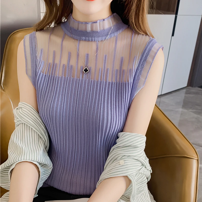

Fashion Solid Office Tops Summer Sleeveless Lace Ice Silk Shirt Women Casual Slim Stand Collar Knitted Blouse Women Blusas 25379