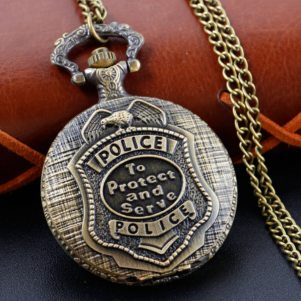 

Стальной полицейский значок в античном стиле, бронзовый винтажный кулон в стиле стимпанк, ожерелье, кварцевые карманные часы для мужчин, детей, друзей, лучший подарок, часы