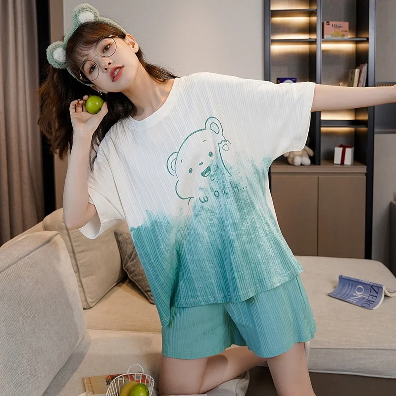

New style pajamas women's summer short sleeved Shorts PAJAMAS casual pajamas home clothes suit can wear pajamas outside