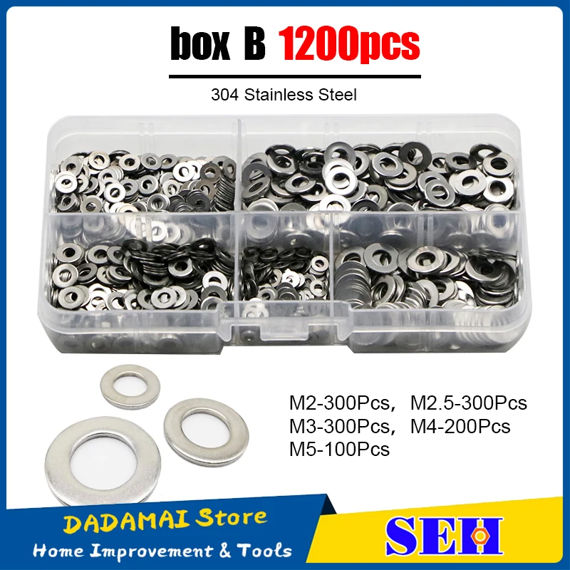 

SEH 1200pc/set M2 M2.5 M3 M4 M5 Stainless Steel Washer шайба Plain Washer Kit Screw Fastener Arandelas De Metal Accessories Ring