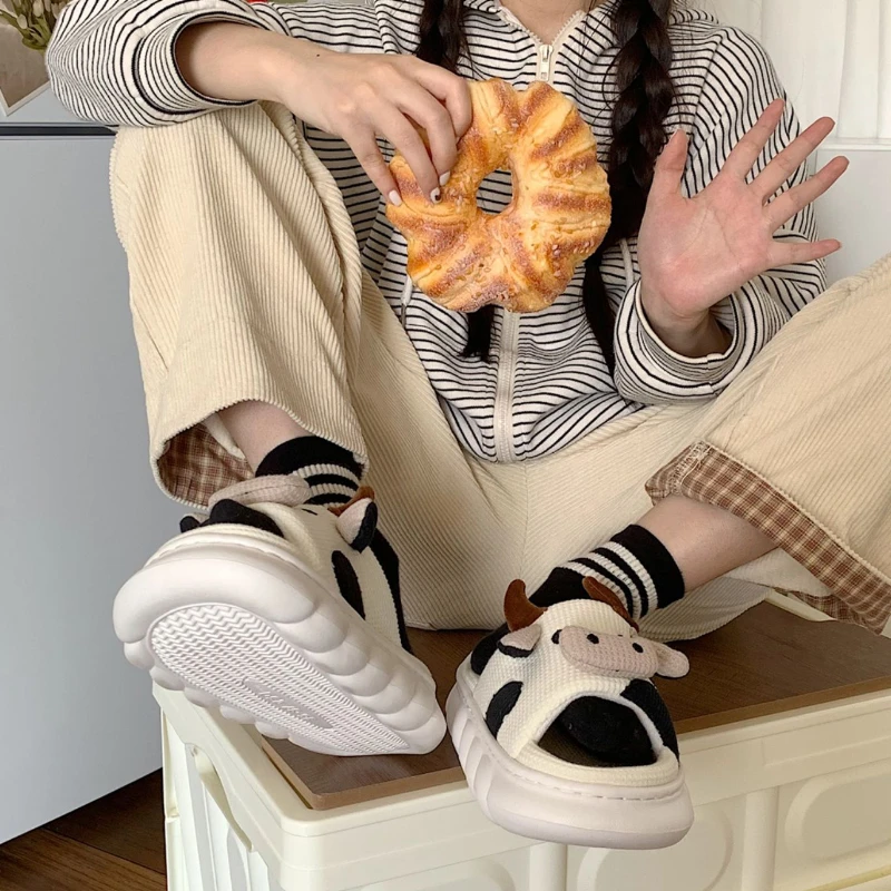 Cute Cow Slipers for Women Flat Home Indoor Linen Shoes Non-Slip Thick Bottom Outdoor Cloud Slippers Slides Sandals Women