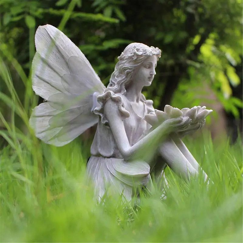 

Sunflower Fairy Statue With LED Beautiful Angel Sculpture Realistic Figure Ornament Stone Garden Yard Art Outdoors Indoor Decor