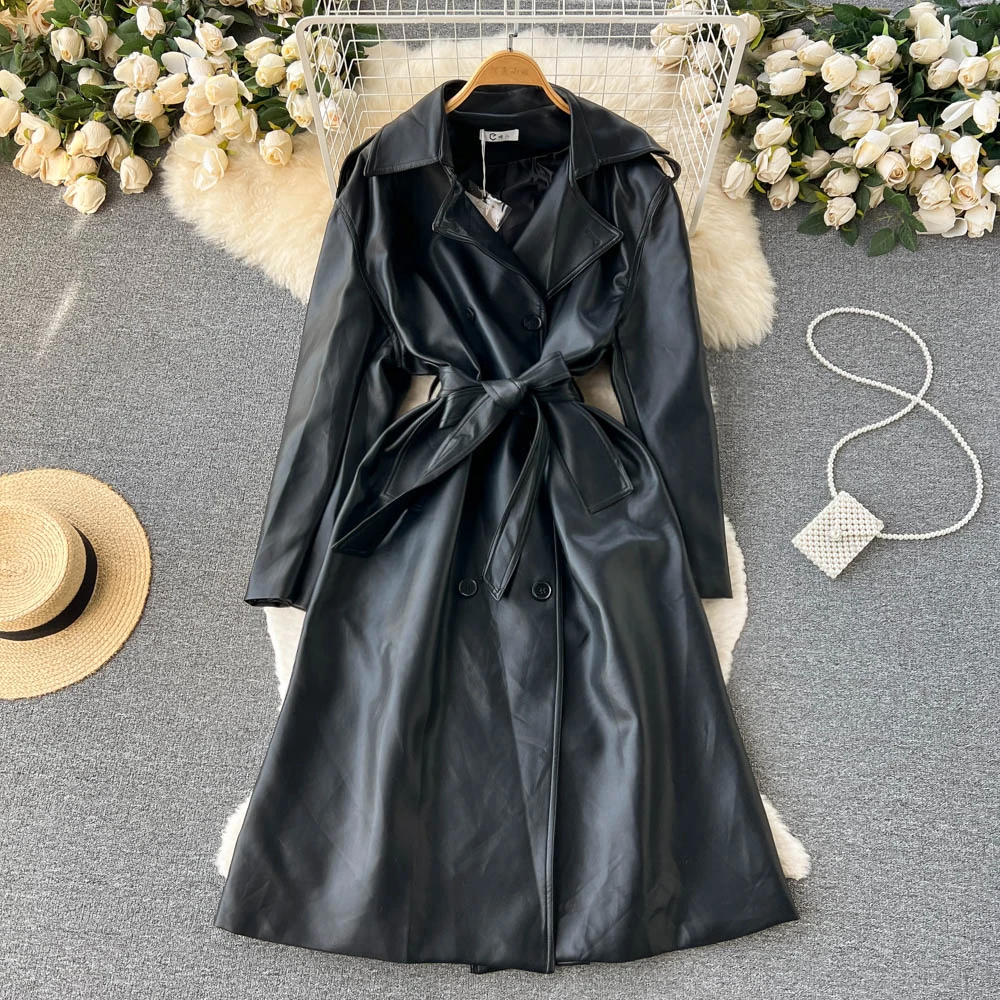 Autumn and Winter Europe and the United States Lapel Waist Lace-up Loose Long-sleeved Mid-length Dress