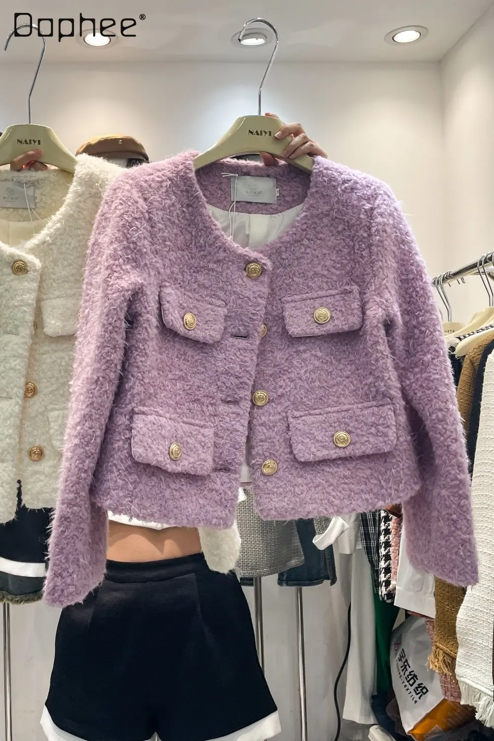 

Women's Retro Round Neck Coat Autumn Short Commuting Elegant Cardigan Sweater Fashion Solid Color Jackets for Ladies New