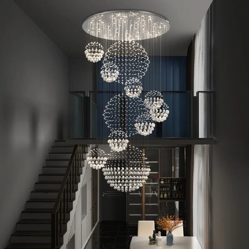 

Compound building K9 crystal chandelier modern luxury villa duplex living room circular building staircase long Chandelier