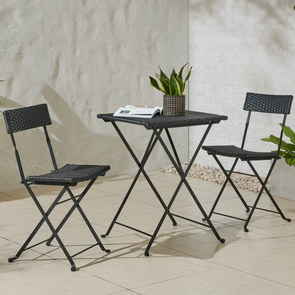 

Folding Patio Bistro Set – 3-Piece Rattan Wood and Steel Café Table and Chairs, Black