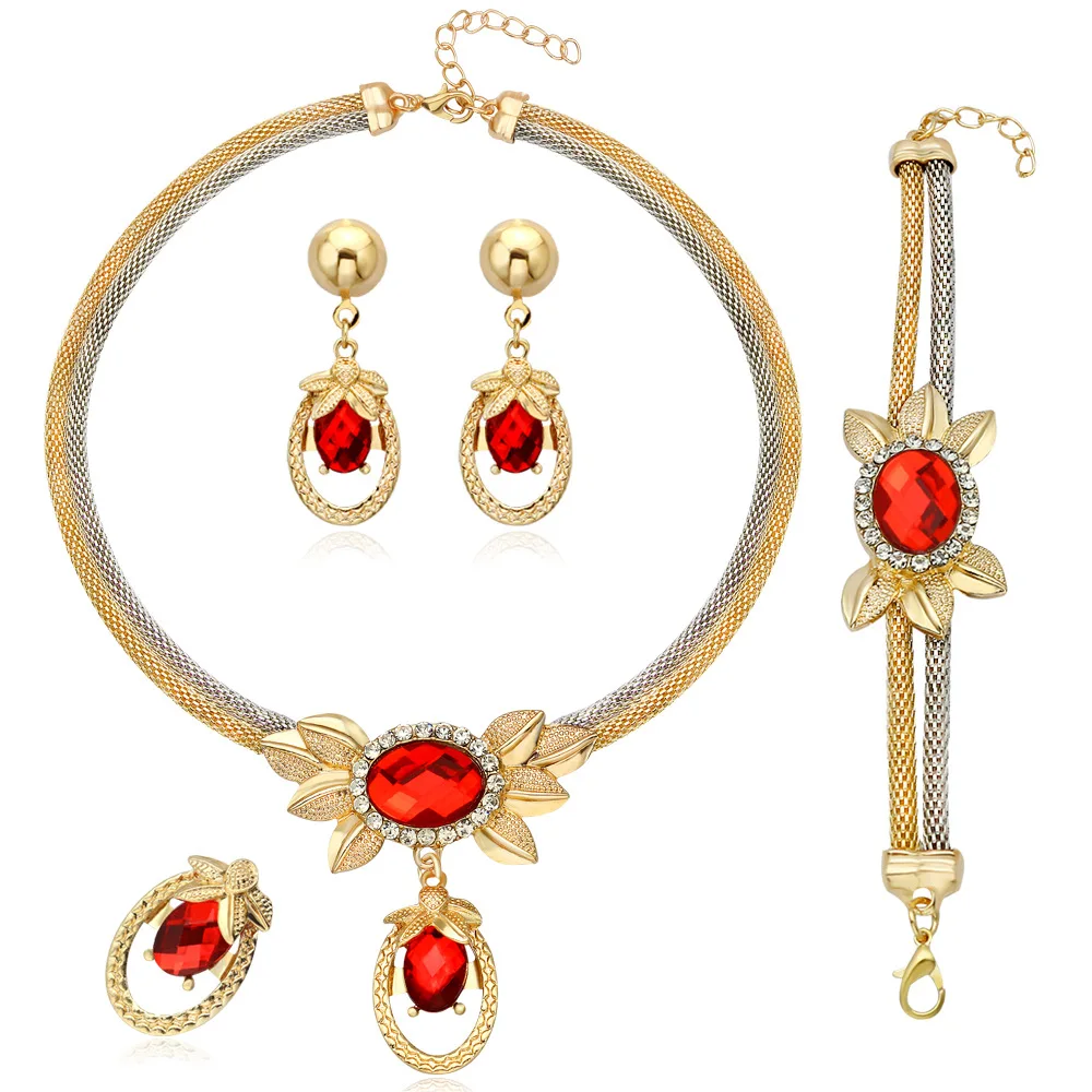 

Fashion Vintage Alloy Gem Rhinestones Charm Jewelry Set Women Antique Gold Color Chains Pendant Necklace Earrings Bracelet Ring