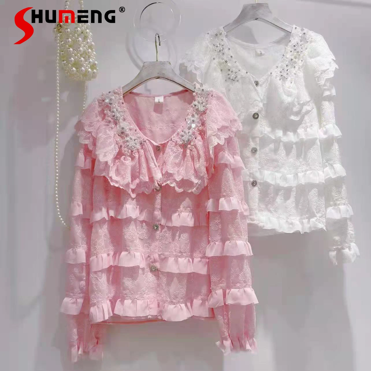 

Women's Korean Fashion Fairy Long-Sleeved Shirt 2022 Spring Ladies Sweet Beads Doll Collar Layered Ruffled Stitching Blusas Top