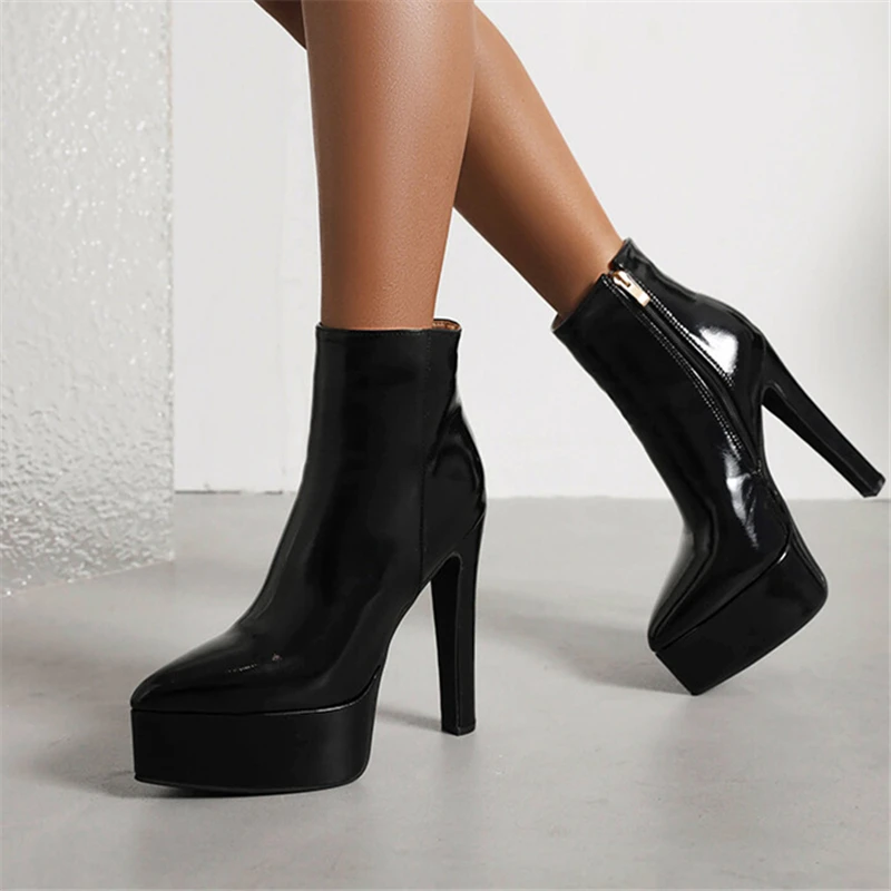 

Side Zipper Patent Leather Pointed Toe Chunky Platform Ankle Boots Super High Thin Heels Solid Color Soft Sole Women Short Boots