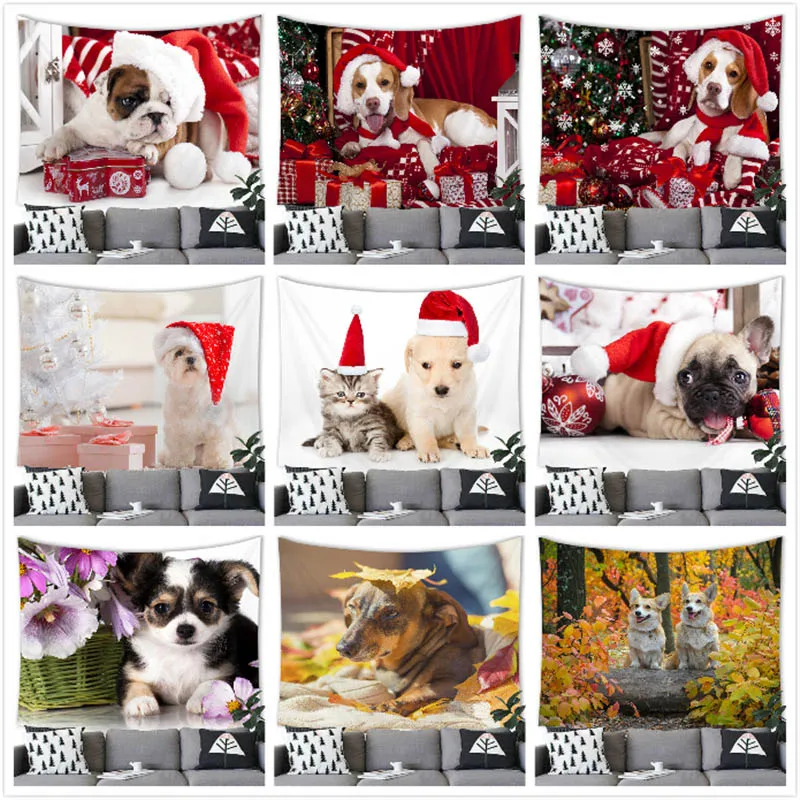 

Merry Christmas Tapestry Wall Hanging Christmas Hat Dog Printing Decor Tapestry Dog Home Room Decoration Background Wall Decor