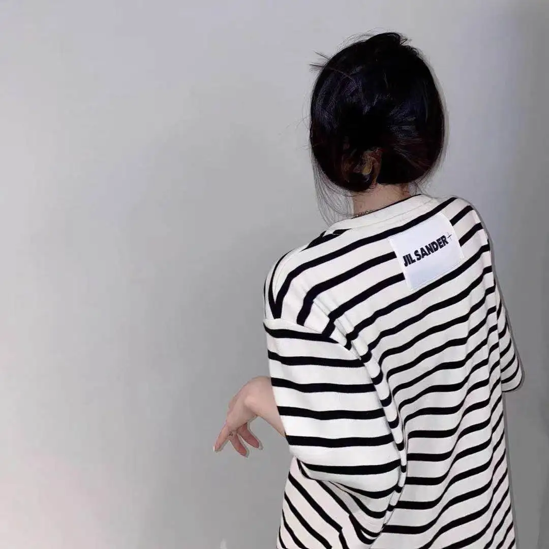 

Футболка JIL SANDER Женская хлопковая в полоску, топ с коротким рукавом в стиле унисекс, брендовая Повседневная рубашка с круглым вырезом, лето ...