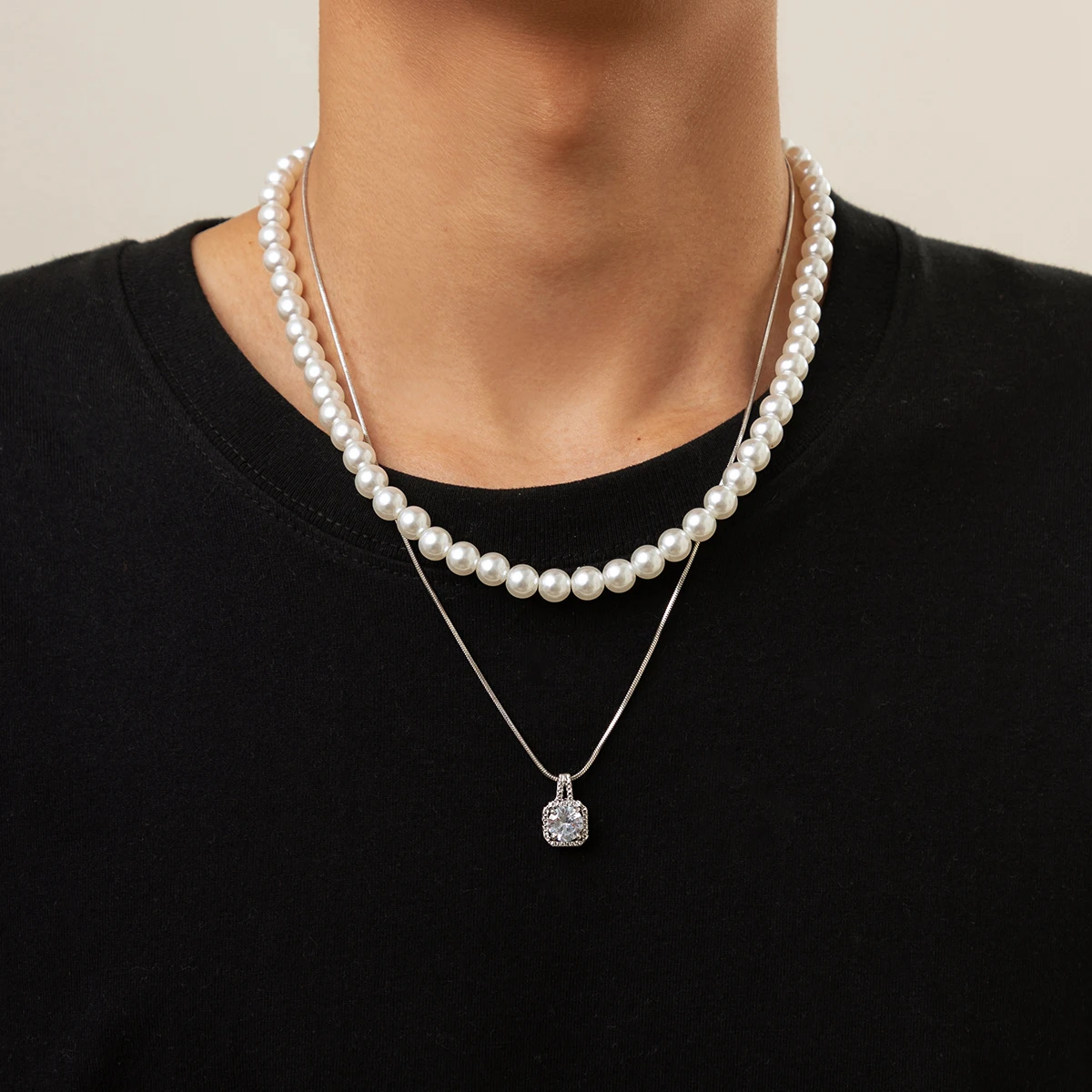 

KunJoe Multilayer Shiny Zircon Pendant Square Snake Chain Necklace For Men Women Punk Imitation Pearls Choker Necklace Jewelry