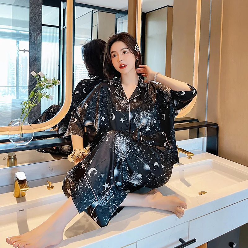 Simulated silk pajamas women's loose version can be worn outside fashionable and comfortable homewear suit printing pajamas