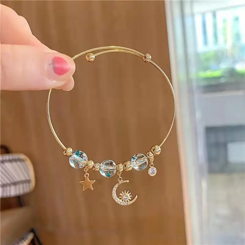 

Romantic Sun Star Moon Crystal Beads Open Bangle Charm Opal Heart Flower Bracelet For Women Party Korean Trendy Jewelry