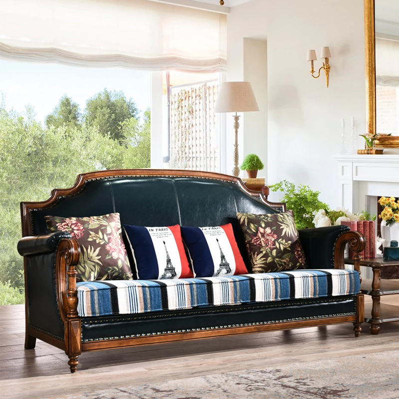 

American sofa solid wood leather sofa 123 combined European leather leather sofa living room model room sofa