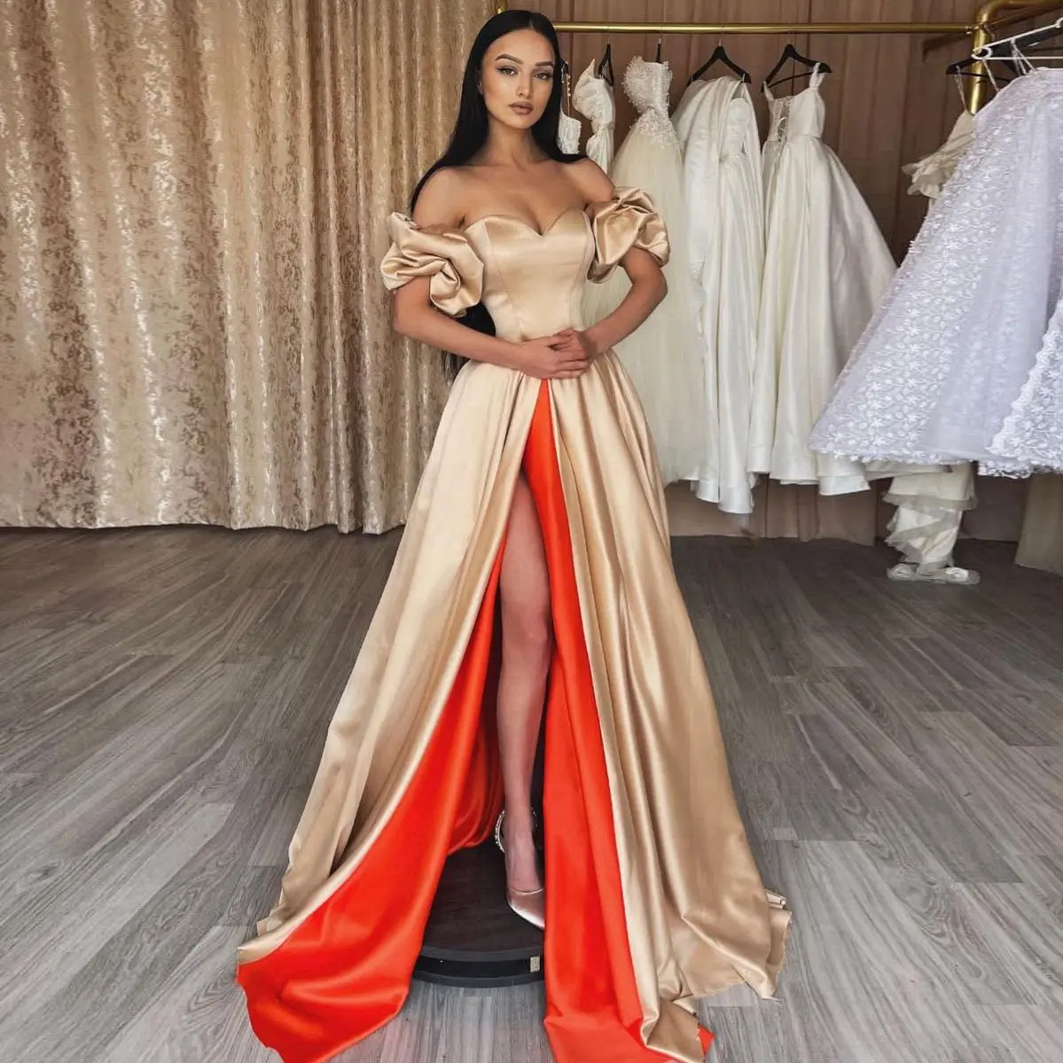 High Quality Exquisite Evening Dress Off The Shoulder A-Line Floor Length High Split With Train Women's Dress Sexy Prom Dress