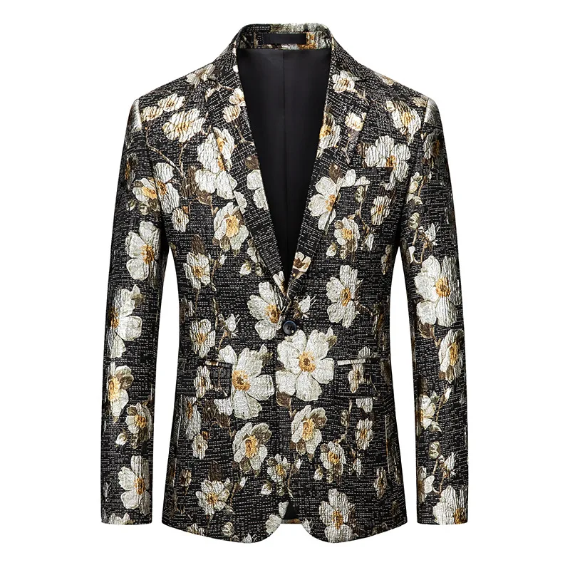 

Mens Floral Tuxedo Jacket Stylsih One Button White Flower Embroidered Suit Jacket Men Party Wedding Dinner Blazer Masculino 6XL
