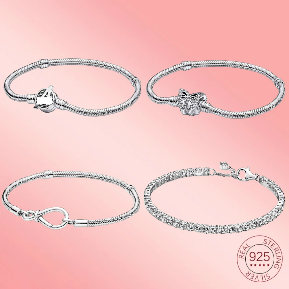 

2022 New Spring 925 Sterling Silver Sparkling Lnfinity Knot Butterfly Clasp Snake Chain Bracelet Fit Women DIY Pandoras Jewelry