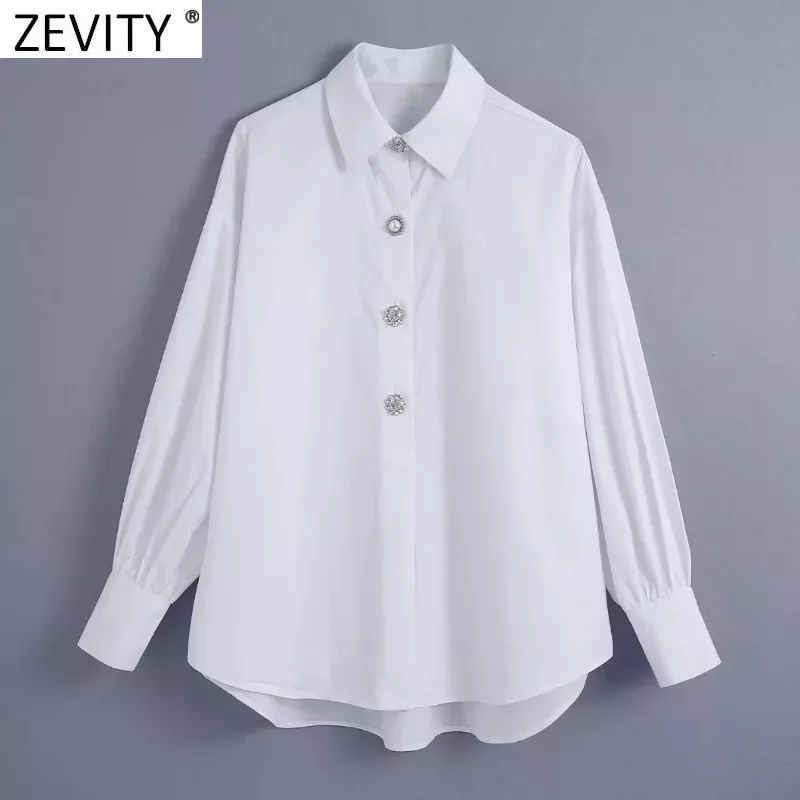 

Zevity 2022 New Women Fashion Diamond Buttons White Poplin Smock Blouse Ladies Long Sleeve Kimono Shirts Chic Blusas Tops LS9808