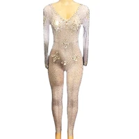 shining diamond long sleeve women jumpsuit nightclub dj singer pole dancing stage wear net yarn white skinny stretch bar costume