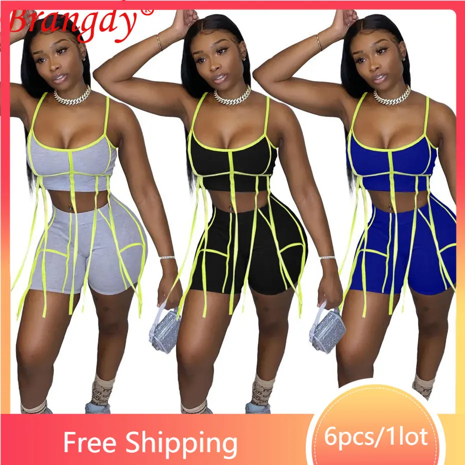 

6sets Summer Women Tracksuit 2023 New 2 Piece Set Outfits Sexy Crop Top Shorts Suits Tassel Bandage High Elastic B11016